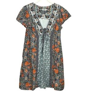 Anthropologie Dress Womens Small Boho Floral Paisley Tunic Pockets Orange Green